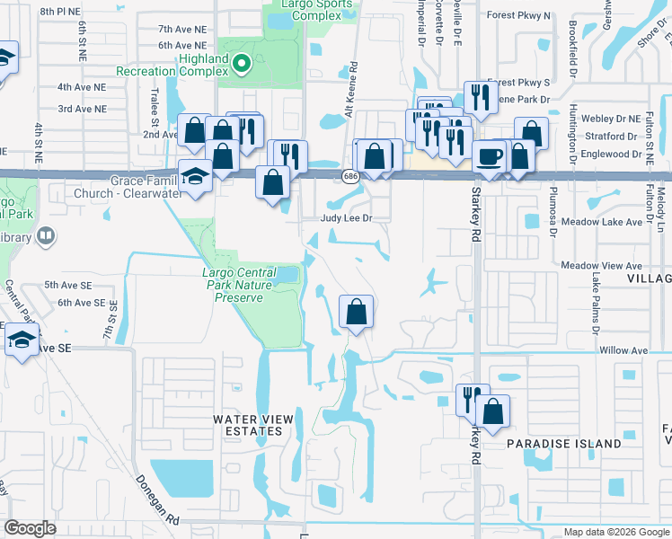 map of restaurants, bars, coffee shops, grocery stores, and more near 53 Countryclub Drive in Largo