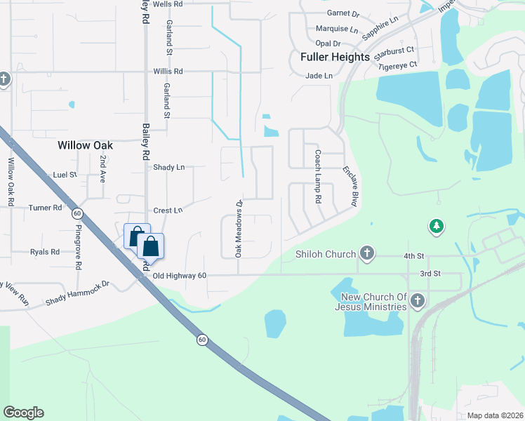 map of restaurants, bars, coffee shops, grocery stores, and more near 3424 Royal Oak Drive North in Mulberry