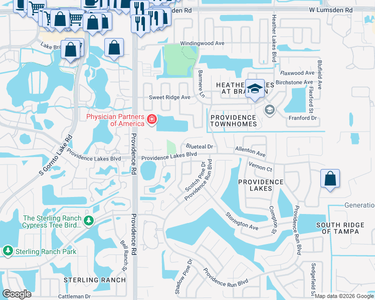 map of restaurants, bars, coffee shops, grocery stores, and more near 1445 Scotch Pine Drive in Brandon