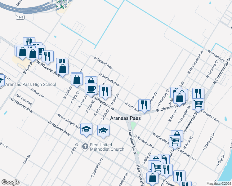 map of restaurants, bars, coffee shops, grocery stores, and more near 154 North 8th Street in Aransas Pass
