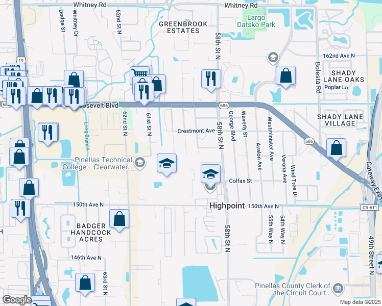 map of restaurants, bars, coffee shops, grocery stores, and more near 15421 Morgan Street in Clearwater