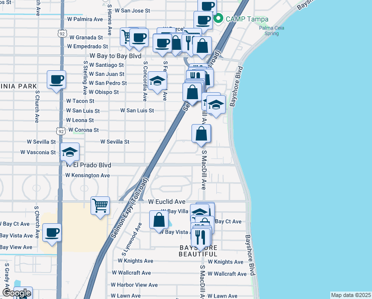 map of restaurants, bars, coffee shops, grocery stores, and more near 3116 South Julia Circle in Tampa