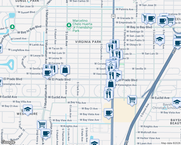 map of restaurants, bars, coffee shops, grocery stores, and more near 3925 West Vasconia Street in Tampa