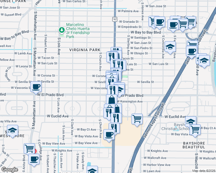 map of restaurants, bars, coffee shops, grocery stores, and more near 3816 West Vasconia Street in Tampa