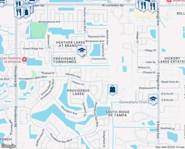 map of restaurants, bars, coffee shops, grocery stores, and more near 1321 Hatcher Loop Drive in Brandon