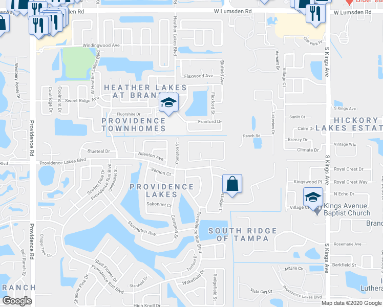 map of restaurants, bars, coffee shops, grocery stores, and more near 1321 Hatcher Loop Drive in Brandon