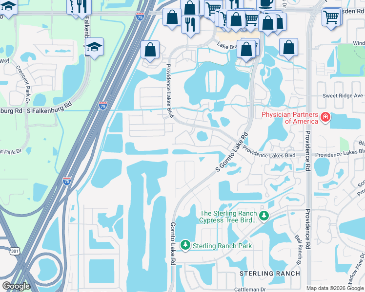 map of restaurants, bars, coffee shops, grocery stores, and more near 2626 Edgewater Falls Drive in Brandon