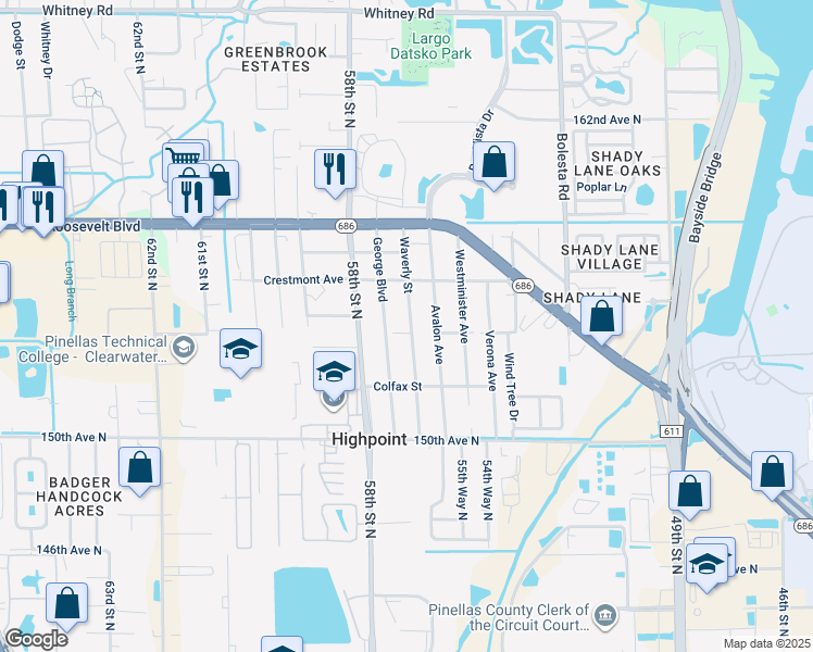 map of restaurants, bars, coffee shops, grocery stores, and more near 15424 Waverly Street in Clearwater