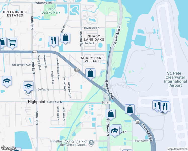 map of restaurants, bars, coffee shops, grocery stores, and more near 5182 Bay Isle Circle in Clearwater