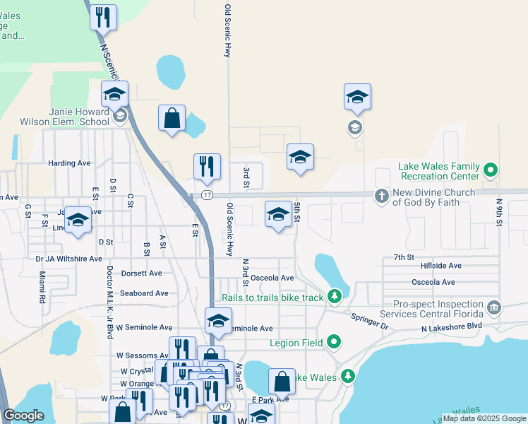 map of restaurants, bars, coffee shops, grocery stores, and more near 222 Sunrise Parkway in Lake Wales