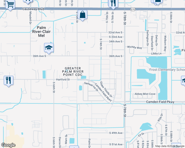 map of restaurants, bars, coffee shops, grocery stores, and more near 3729 Daisy Bloom Place in Tampa