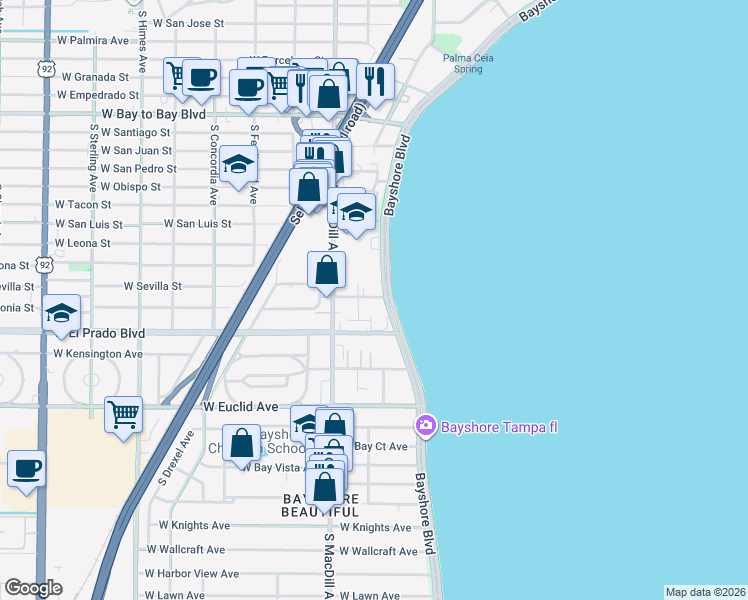 map of restaurants, bars, coffee shops, grocery stores, and more near 3420 South Carter Street in Tampa