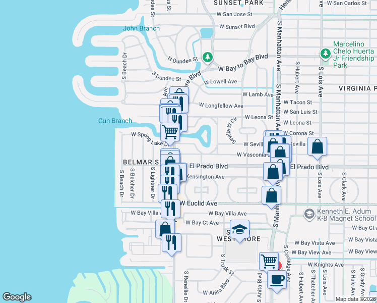 map of restaurants, bars, coffee shops, grocery stores, and more near 4707 West El Prado Boulevard in Tampa