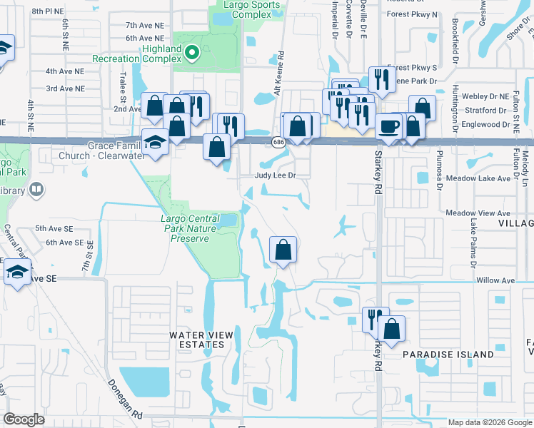 map of restaurants, bars, coffee shops, grocery stores, and more near 53 Countryclub Drive in Largo