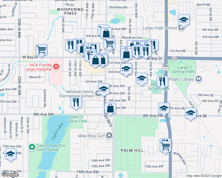 map of restaurants, bars, coffee shops, grocery stores, and more near 501 Ridge Road Southwest in Largo