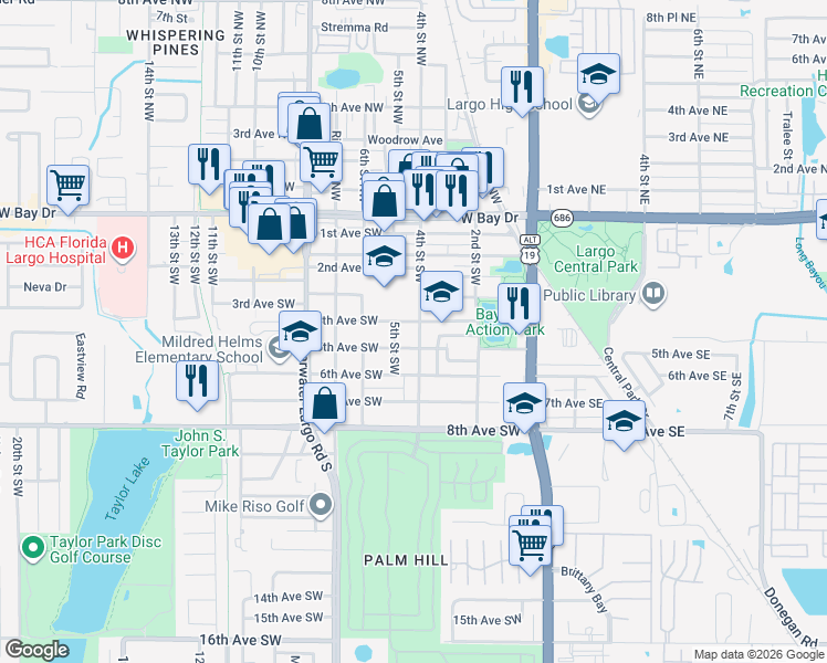 map of restaurants, bars, coffee shops, grocery stores, and more near 501 4th Street Southwest in Largo