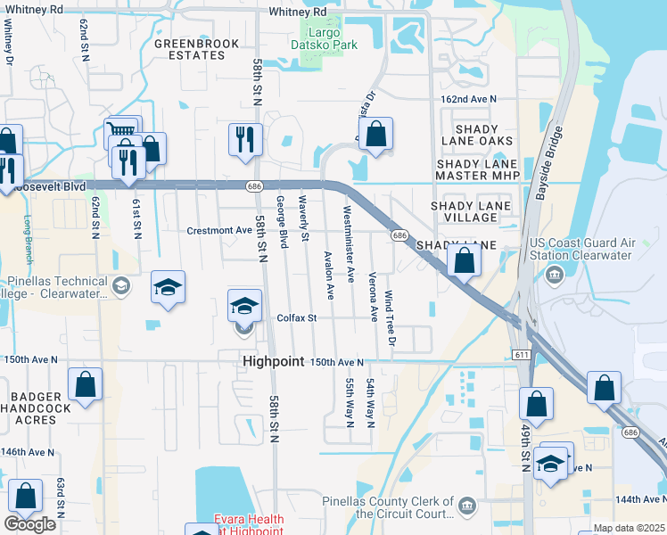 map of restaurants, bars, coffee shops, grocery stores, and more near 15415 Avalon Avenue in Clearwater