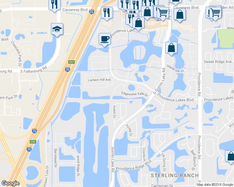 map of restaurants, bars, coffee shops, grocery stores, and more near 2634 Edgewater Falls Drive in Brandon