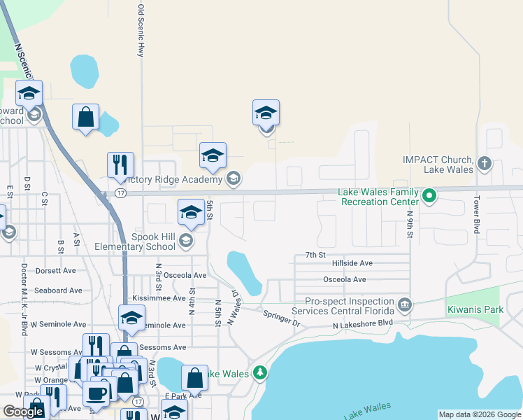 map of restaurants, bars, coffee shops, grocery stores, and more near 15101 Quails Bluff Circle in Lake Wales