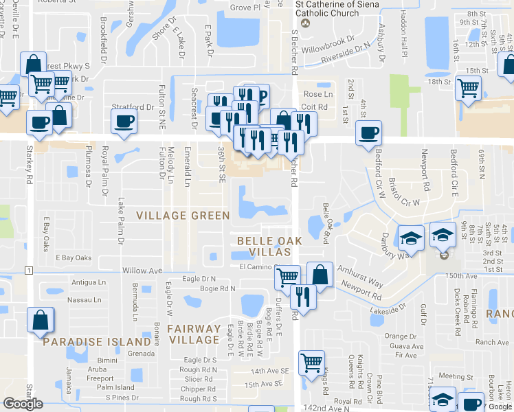map of restaurants, bars, coffee shops, grocery stores, and more near 3705 Mission Court in Largo
