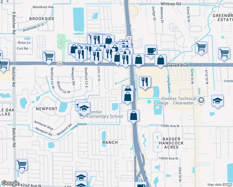 map of restaurants, bars, coffee shops, grocery stores, and more near 5265 East Bay Drive in Clearwater