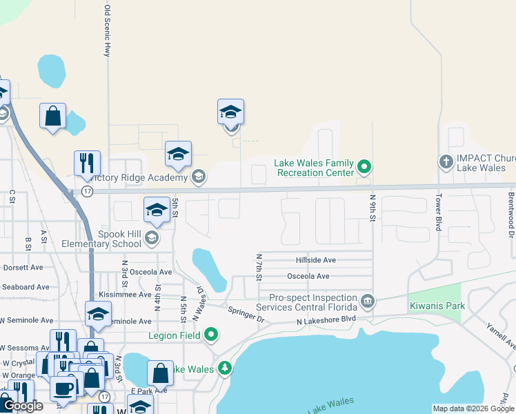 map of restaurants, bars, coffee shops, grocery stores, and more near 640 Burns Avenue in Lake Wales