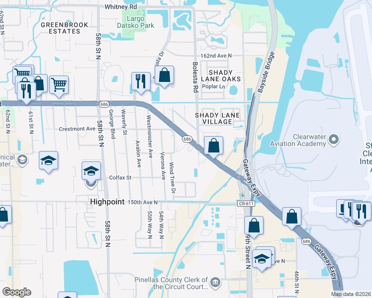 map of restaurants, bars, coffee shops, grocery stores, and more near 5250 Roosevelt Boulevard in Clearwater