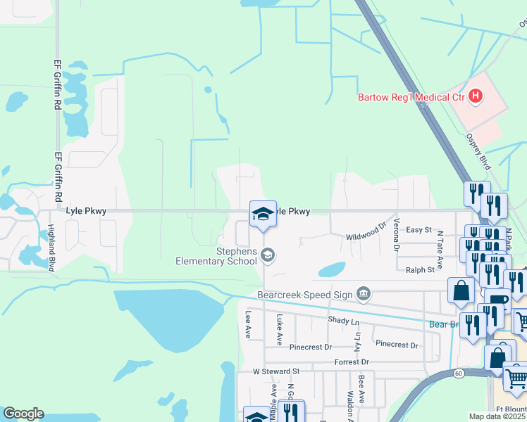 map of restaurants, bars, coffee shops, grocery stores, and more near Lyle Parkway in Bartow