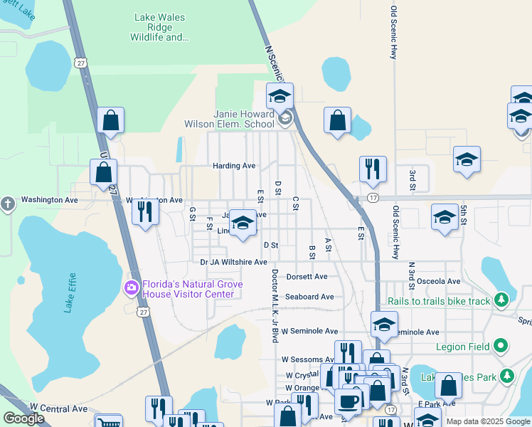 map of restaurants, bars, coffee shops, grocery stores, and more near 405 Washington Avenue in Lake Wales