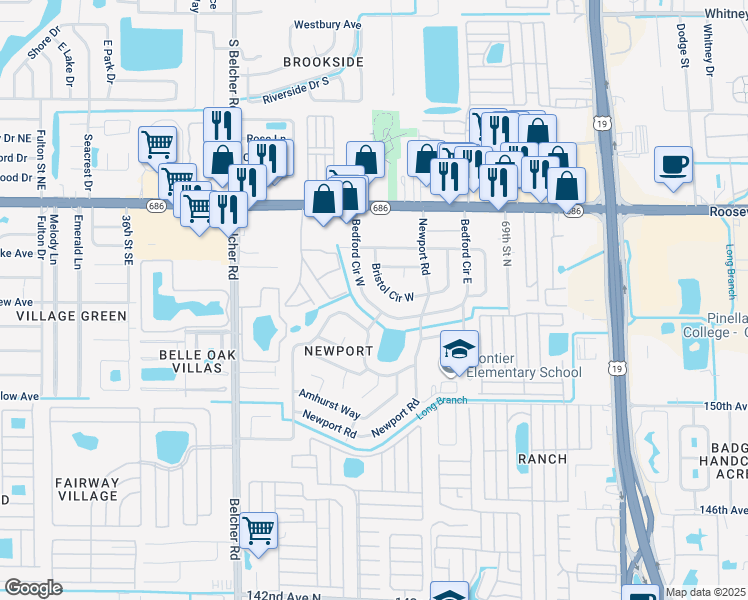 map of restaurants, bars, coffee shops, grocery stores, and more near 15437 Bedford Circle West in Clearwater