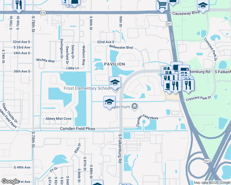 map of restaurants, bars, coffee shops, grocery stores, and more near 3950 South Falkenburg Road in Riverview