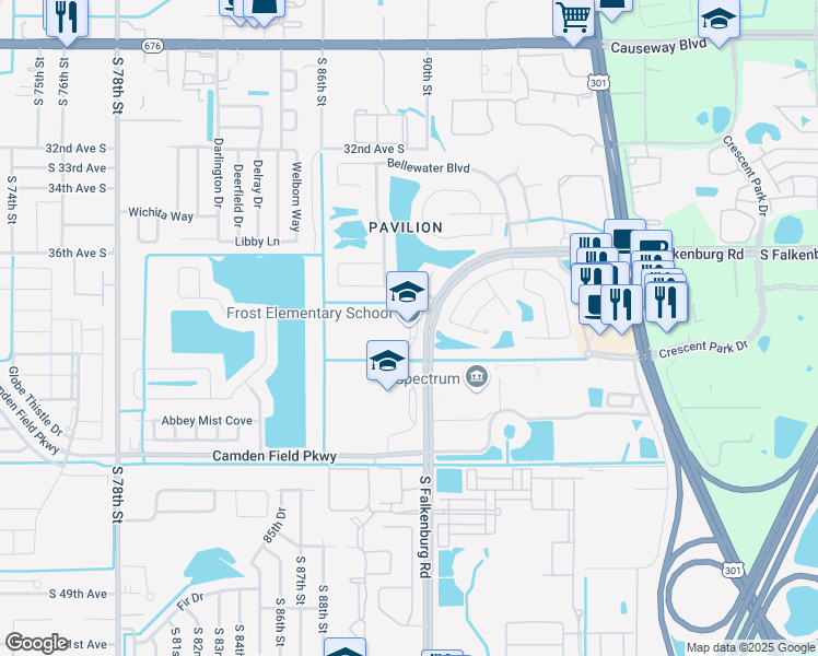 map of restaurants, bars, coffee shops, grocery stores, and more near 3950 South Falkenburg Road in Riverview