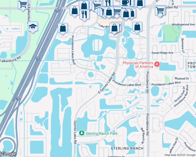 map of restaurants, bars, coffee shops, grocery stores, and more near 1513 Water Terrace Lane in Brandon