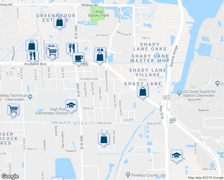 map of restaurants, bars, coffee shops, grocery stores, and more near 15436 Verona Avenue in Clearwater