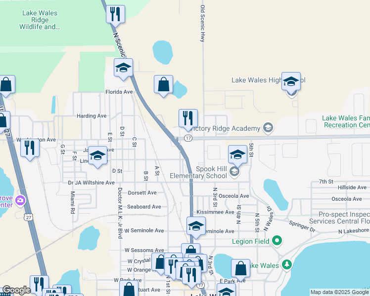map of restaurants, bars, coffee shops, grocery stores, and more near 730 North Scenic Highway in Lake Wales