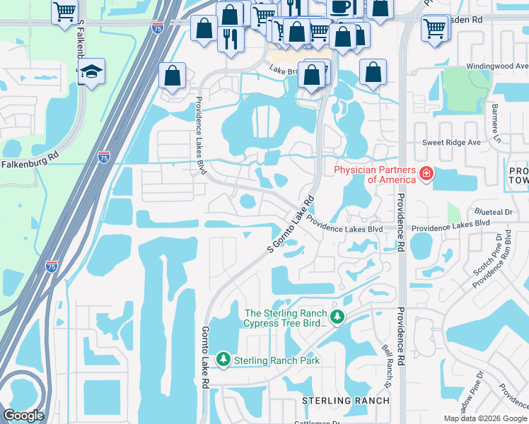map of restaurants, bars, coffee shops, grocery stores, and more near 2453 Edgewater Falls Drive in Brandon