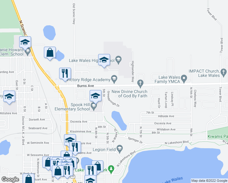 map of restaurants, bars, coffee shops, grocery stores, and more near 514 Greenview Terrace in Lake Wales