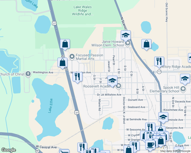 map of restaurants, bars, coffee shops, grocery stores, and more near 645 Washington Avenue in Lake Wales
