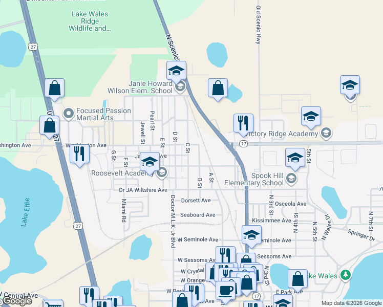 map of restaurants, bars, coffee shops, grocery stores, and more near 241 C Street in Lake Wales