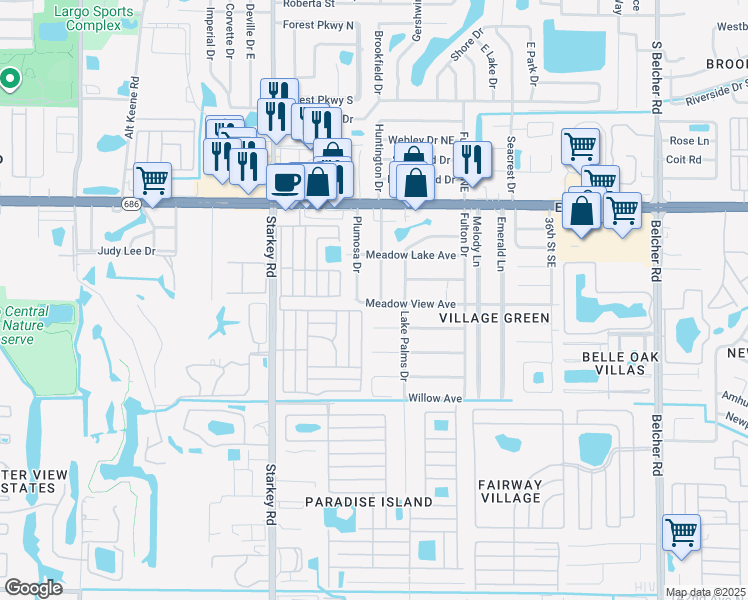 map of restaurants, bars, coffee shops, grocery stores, and more near 338 Royal Palm Drive in Largo