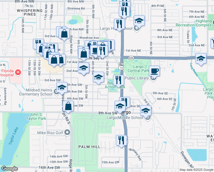 map of restaurants, bars, coffee shops, grocery stores, and more near 346-274 2nd Street Southwest in Largo
