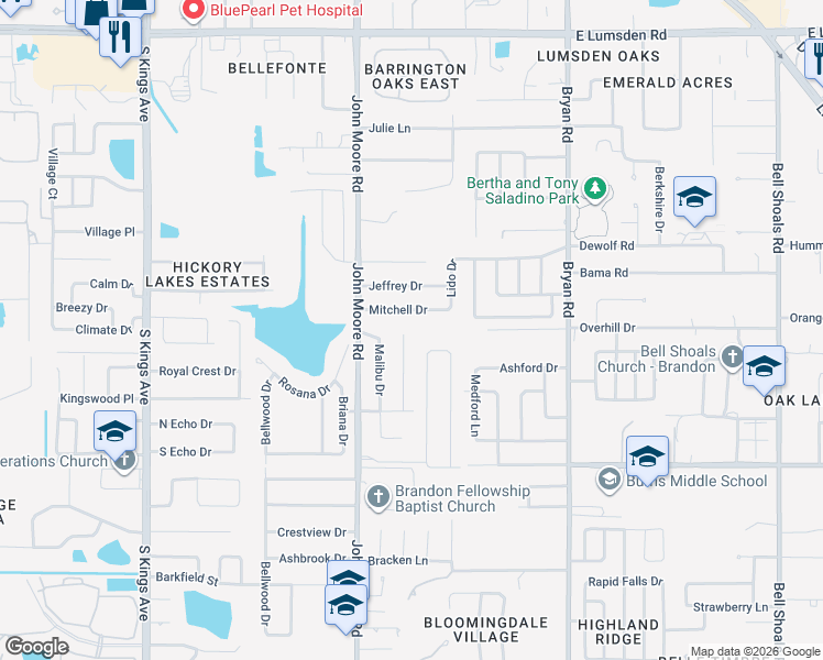map of restaurants, bars, coffee shops, grocery stores, and more near 113 Mitchell Drive in Brandon