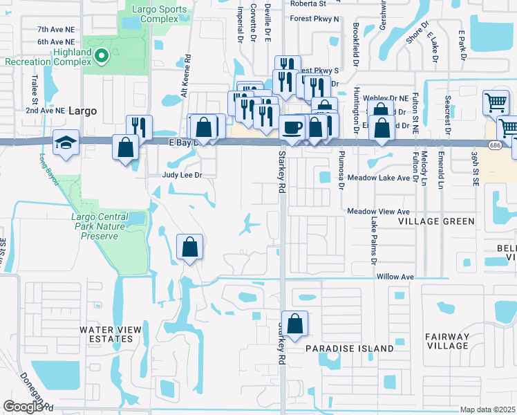 map of restaurants, bars, coffee shops, grocery stores, and more near 600 Starkey Road in Largo