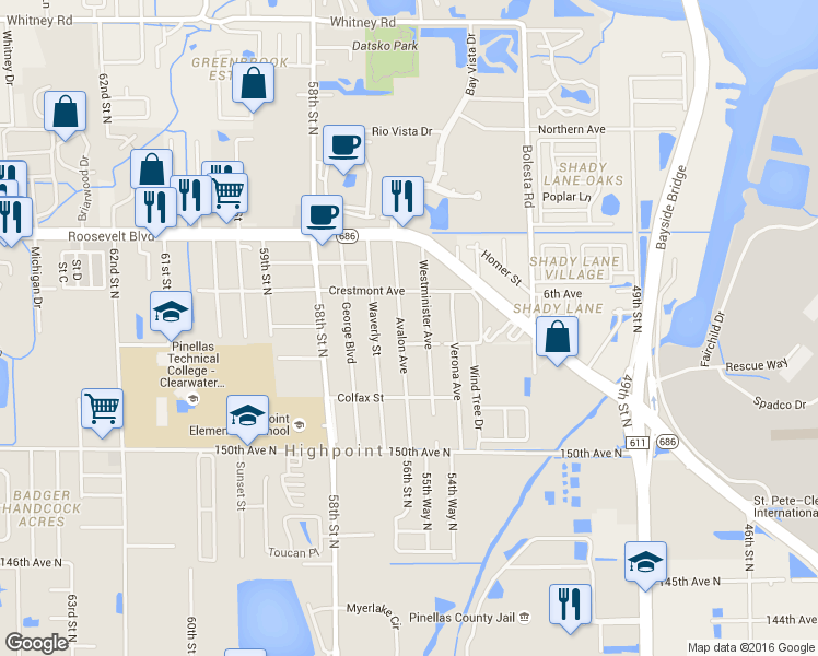 map of restaurants, bars, coffee shops, grocery stores, and more near 15531 Avalon Avenue in Clearwater