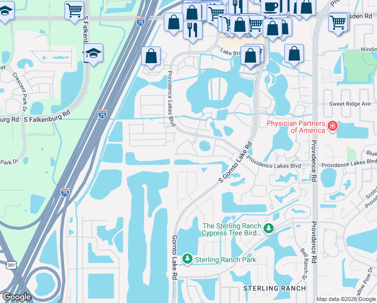 map of restaurants, bars, coffee shops, grocery stores, and more near 2525 Oleander Lakes Drive in Brandon