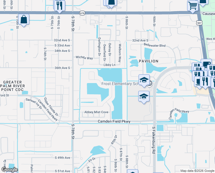 map of restaurants, bars, coffee shops, grocery stores, and more near 8409 Canterbury Lake Boulevard in Tampa