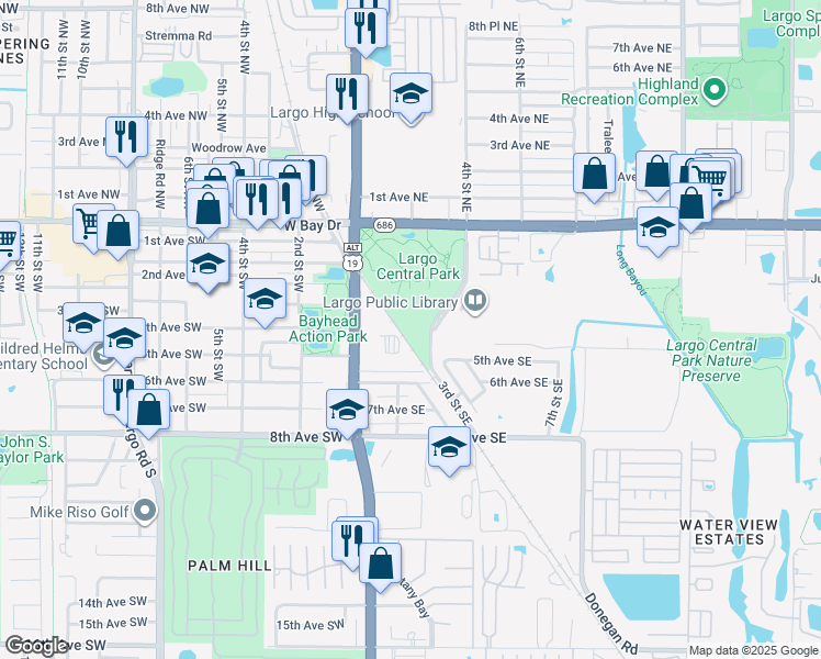 map of restaurants, bars, coffee shops, grocery stores, and more near 323 Central Park Drive in Largo