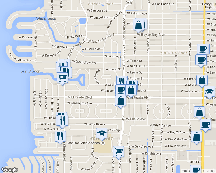 map of restaurants, bars, coffee shops, grocery stores, and more near 3319 Sevilla East Circle in Tampa
