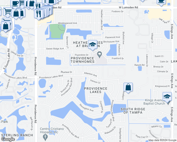 map of restaurants, bars, coffee shops, grocery stores, and more near 1464 Tiverton Drive in Brandon