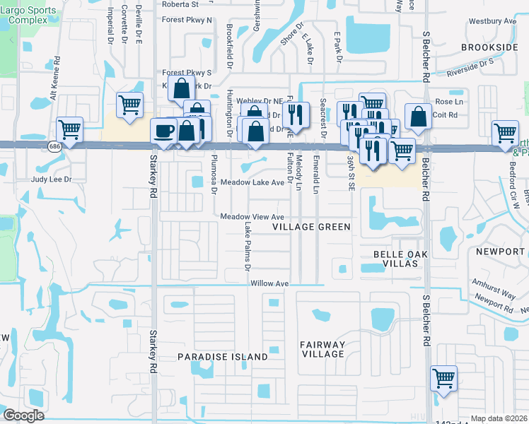 map of restaurants, bars, coffee shops, grocery stores, and more near 3090 Brookview Avenue in Largo